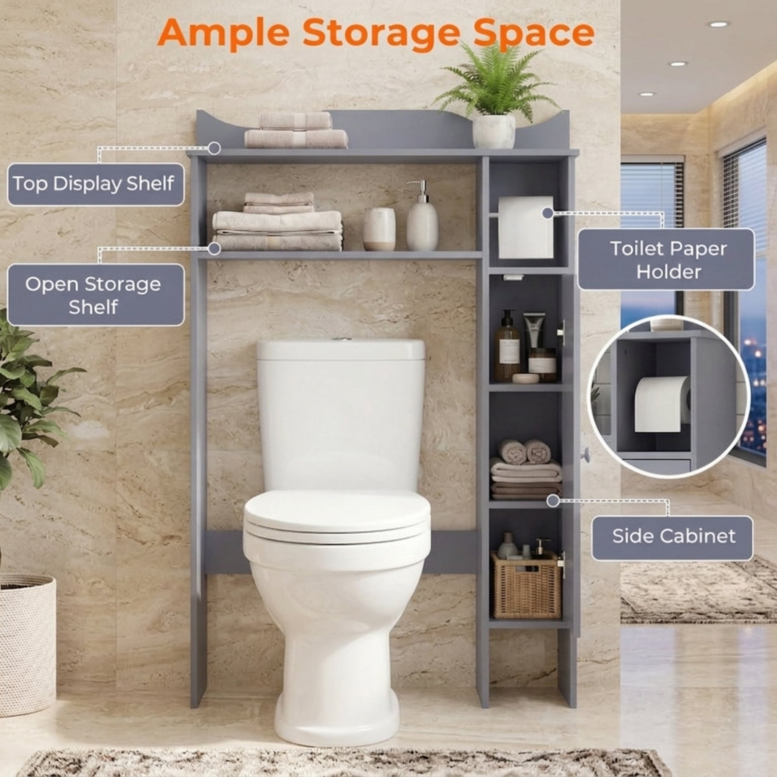 Vebreda Over the Toilet Storage Cabinet with Toilet Paper Holder and Removable Shelves for Bathroom Space Saving Organizer, Gray