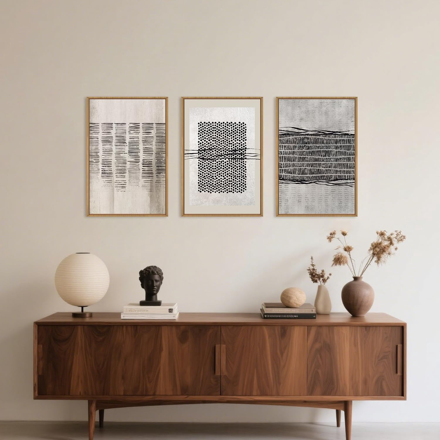 Large Abstract Black and Beige Framed Canvas Wall Art,Minimalist Geometric Lines Wall Decor,Cozy Neutral Shapes artwork,Modern Lines Dots Art Print for Living Room,Bedroom,Office-16 x24 x3