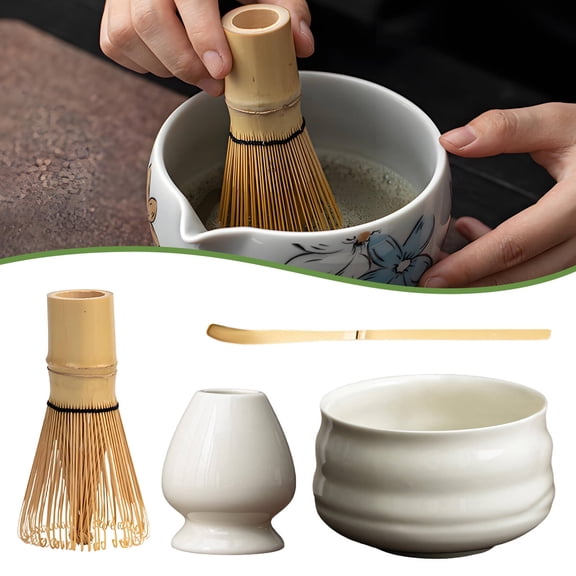 ACDANC 4Pcs Matcha Whisk Set,Ceramic Bowl Matcha Set,Simple Shape Matcha Kit,White