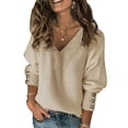 thumbnail image 1 of Women's Sexy V Neck Solid Loose Warm Tops Sweater Lady's Casual Buttons Puff Sleeve Plus Size Jumper Sweater Holiday Knitted Sweater Up to Size 5XL, 1 of 2