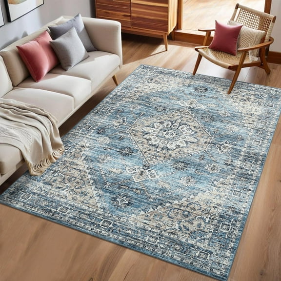 Garvee 8'x10' Persian Area Rug, Vintage Distressed Floral Large Boho Rug Farmhouse Non-Slip Low Pile Accent Carpet for Living Room Bedroom Dining Room, Blue