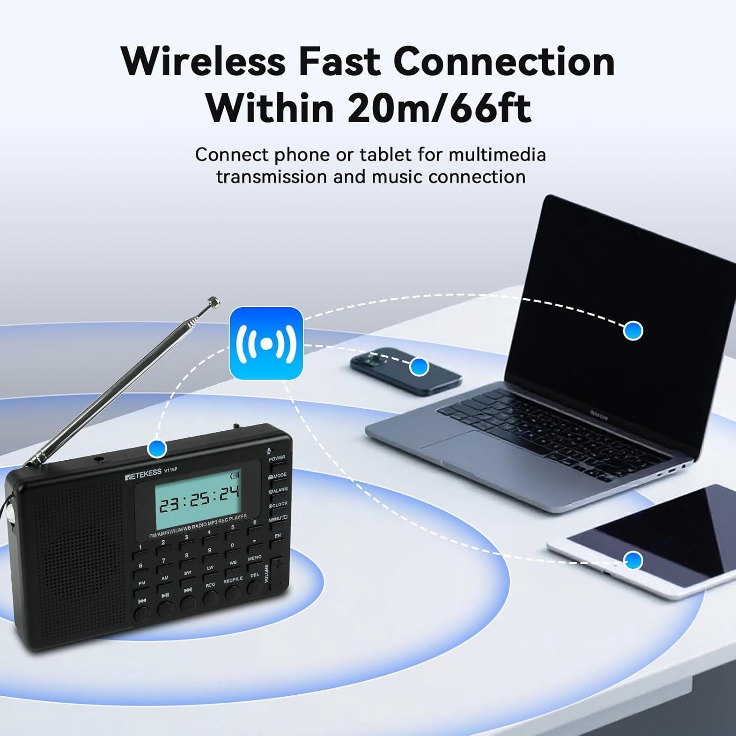 Retekess V115P Emergency radio with NOAA,Rechargeable AM FM SW WB Radio,Wireless Connection,1800mAh Battery,Digital Tuner,TF/AUX,Recording,Flashlight,Sleep Timer,Alarm Clock,for Emergency,Camping