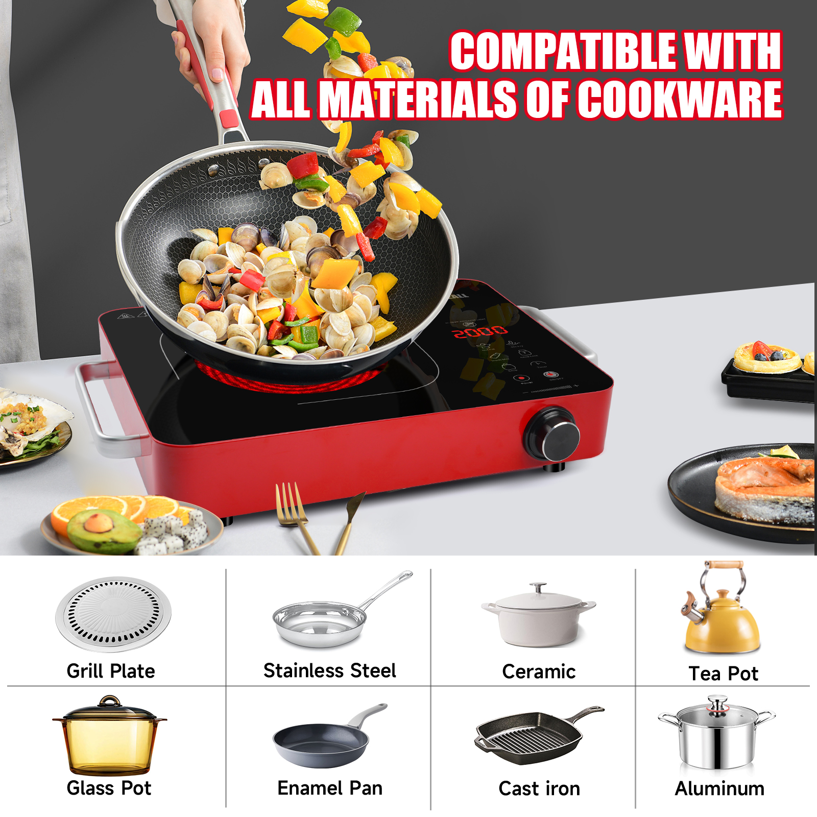 GRACEALL 2000W Electric Cooktop Portable Infrared Stove, Countertop Hot Plate for Cooking, Single Burner Cook Top, Kitchen Knob Control Stove, Unibody Design with BBQ Plate