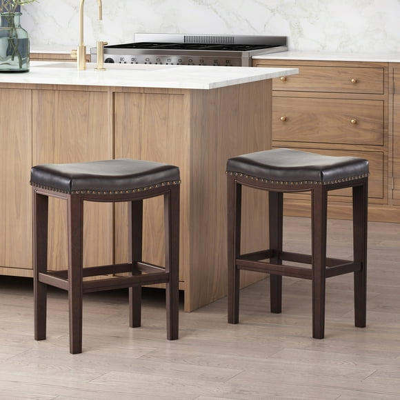 Padded Stools, 2-Pcs Set, Brown Leather Bar Stools With Saddle Seat For Kitchen Island And Breakfast Nook