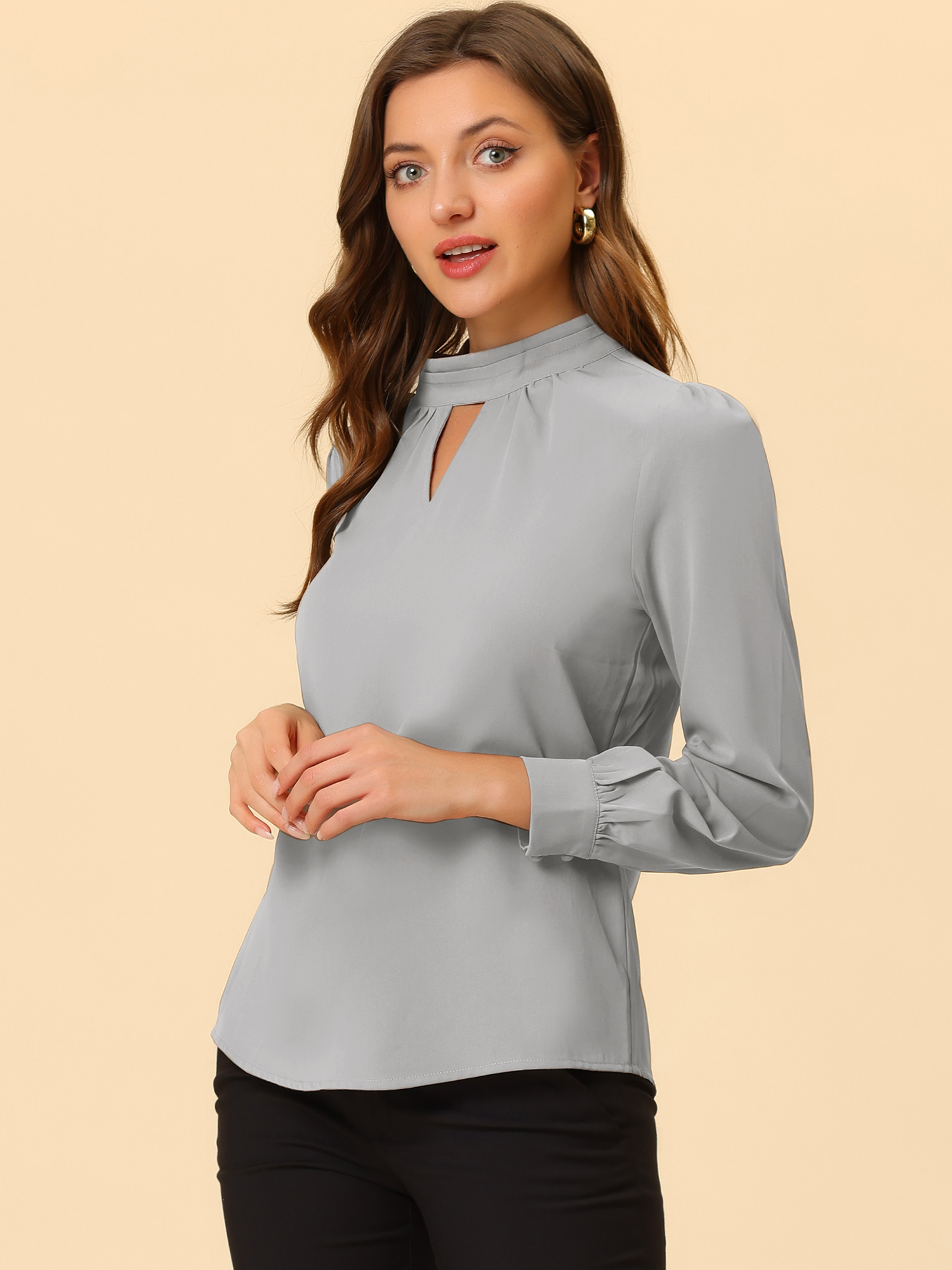 DARING DIVA Women's Stand Collar Long Sleeve Office Blouse XS Grey