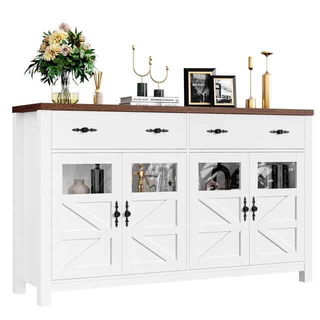 Homfa Farmhouse 55.1"W Kitchen Buffet Cabinet with Storage Drawer & Adjustable Shelf, Glass Door Wood Sideboard Credenza Coffee Bar with for Dining Room Living Room, White & Natural Wood