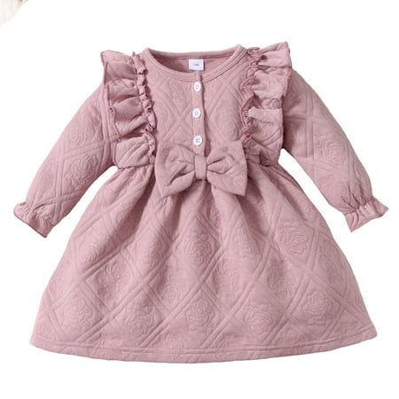 

KIMI BEAR Infant Girls Dress 18 Months Infant Girls Autumn Winter Dress 24 Months Infant Girls Sweet Ruffle Trim Bow Long Sleeve Dress Dark Pink