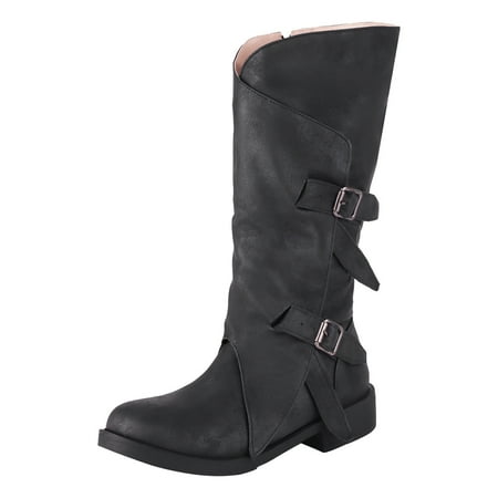 

DVKOVI Womens Shoes Dressy Mid Calf Boots Autumn and Winter Women s Boots Belt Buckle Low Heel Round Head High Barrel Boots Flat Heel Cowboy Boots Women Black 42