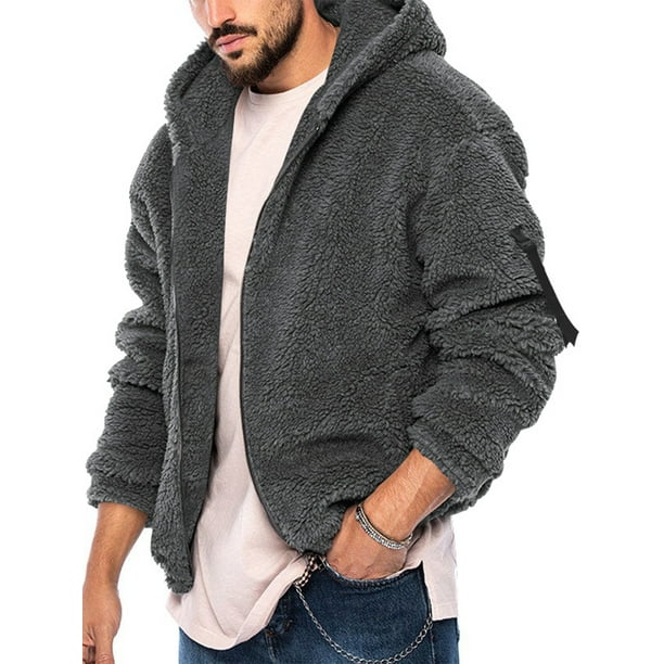 MAWCLOS Mens Sherpa Sweatshirt Hooded Fluffy Fuzzy Jacket Zip Up