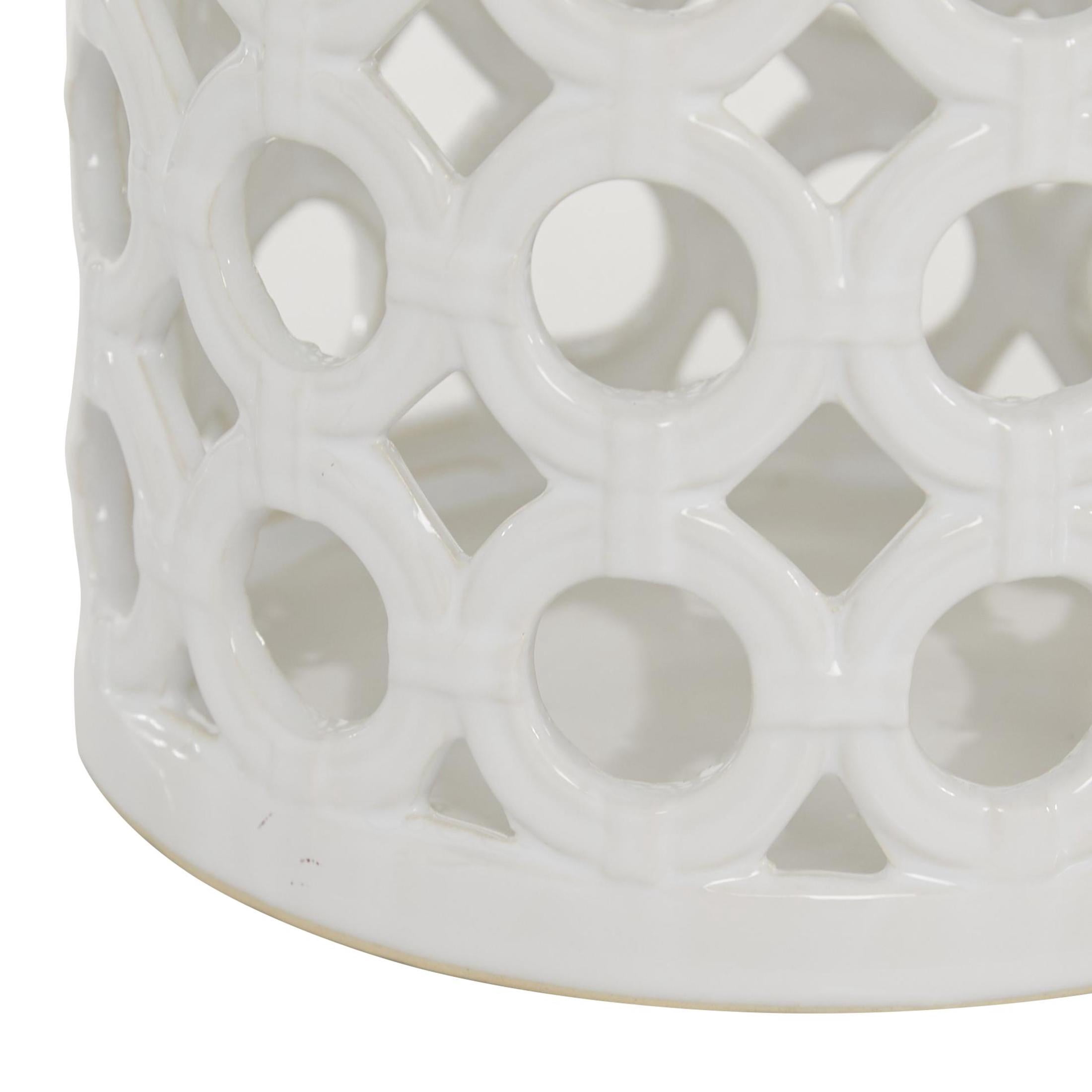 DecMode White Ceramic Circles Decorative Candle Lantern with Cut Out Design