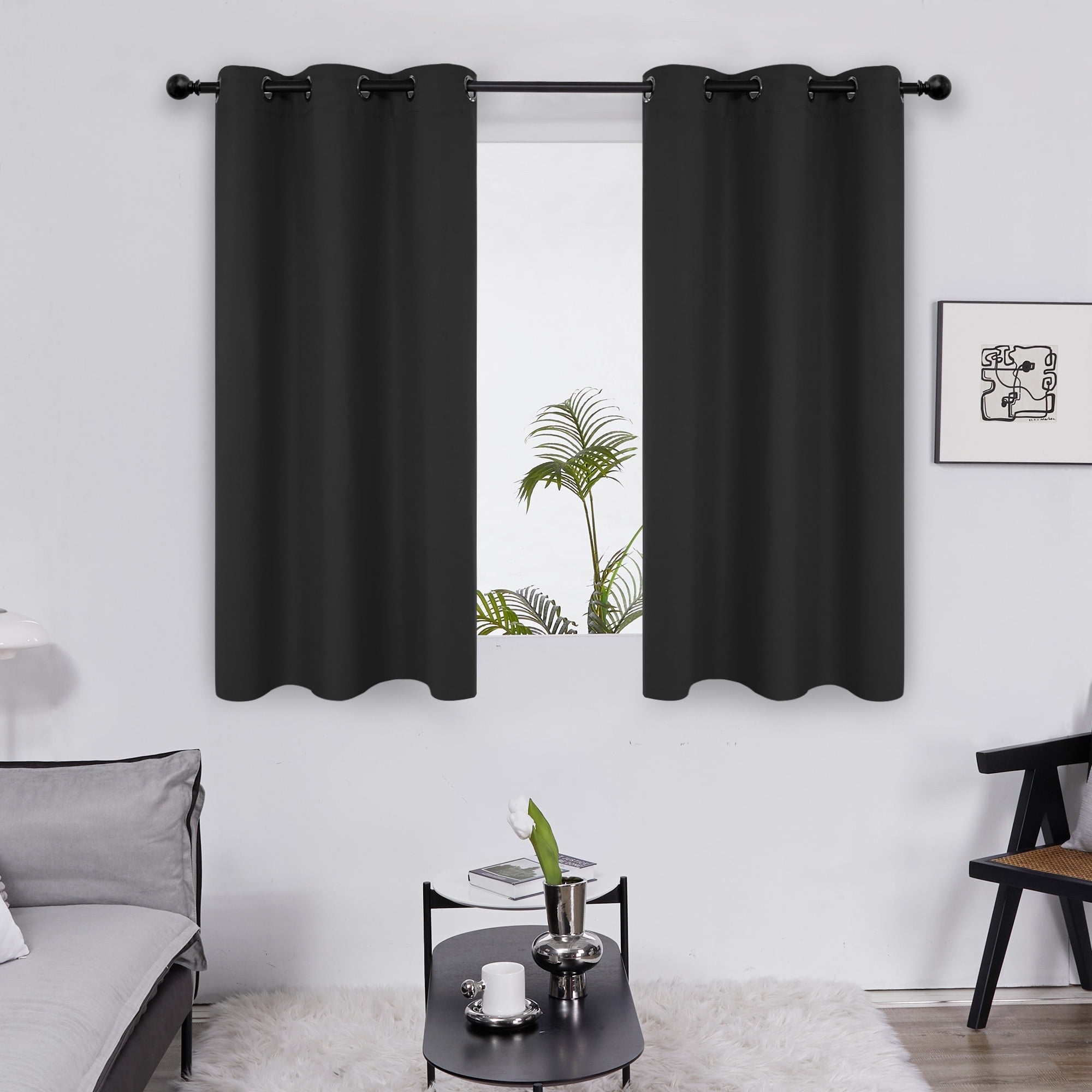 Deconovo Grommet Blackout Curtains Set of 2 Panels, Each 38"W x 45"L, Black Thermal Insulated Short Curtain