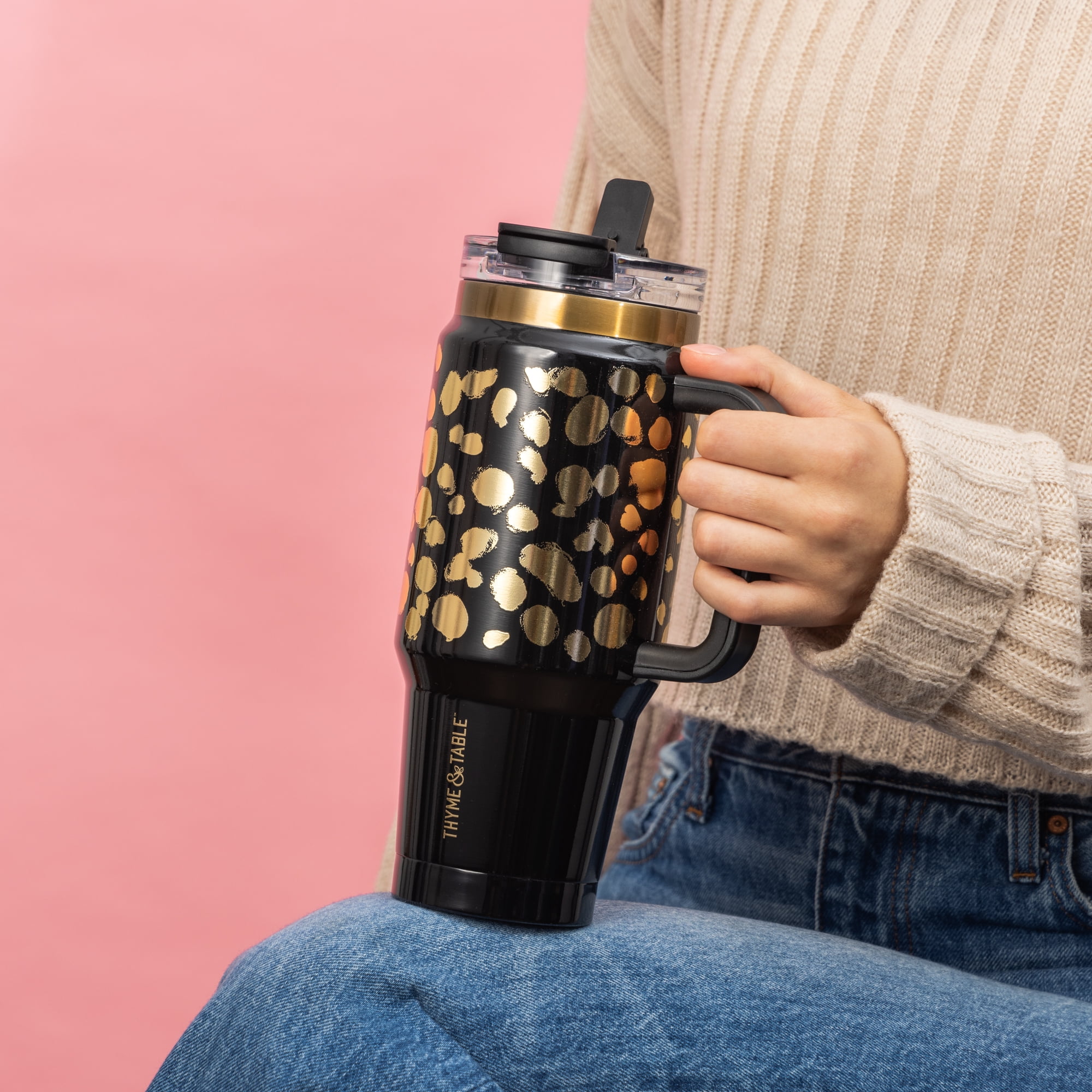 Thyme & Table 32oz Tumbler with Handle, Dual Straw Lid, Stainless Steel Double Wall Insulated, Black & Gold Dot