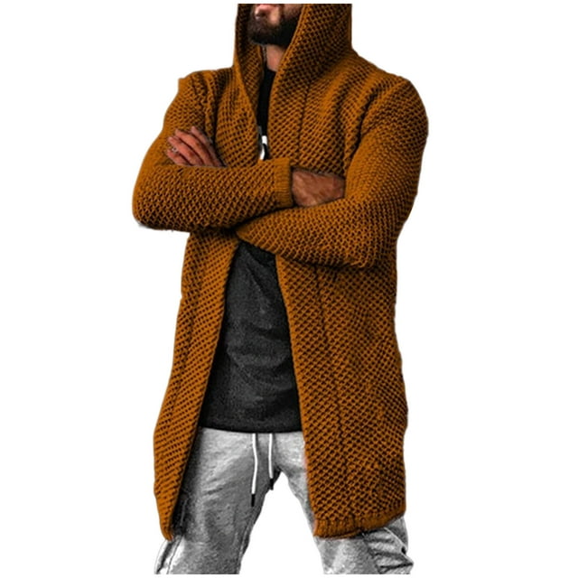 Cardigan Sweaters for Men, Men's Solid Color Mid-Length Long-Sleeve Hooded Cardigan Sweater Jacket, Regular-Fit, Men's Cardigan Sweaters