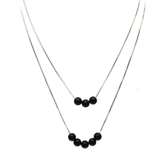 2-Strand Black Onyx Stone Beads Sterling Silver Box Chain Necklace, 16" 2" Extender
