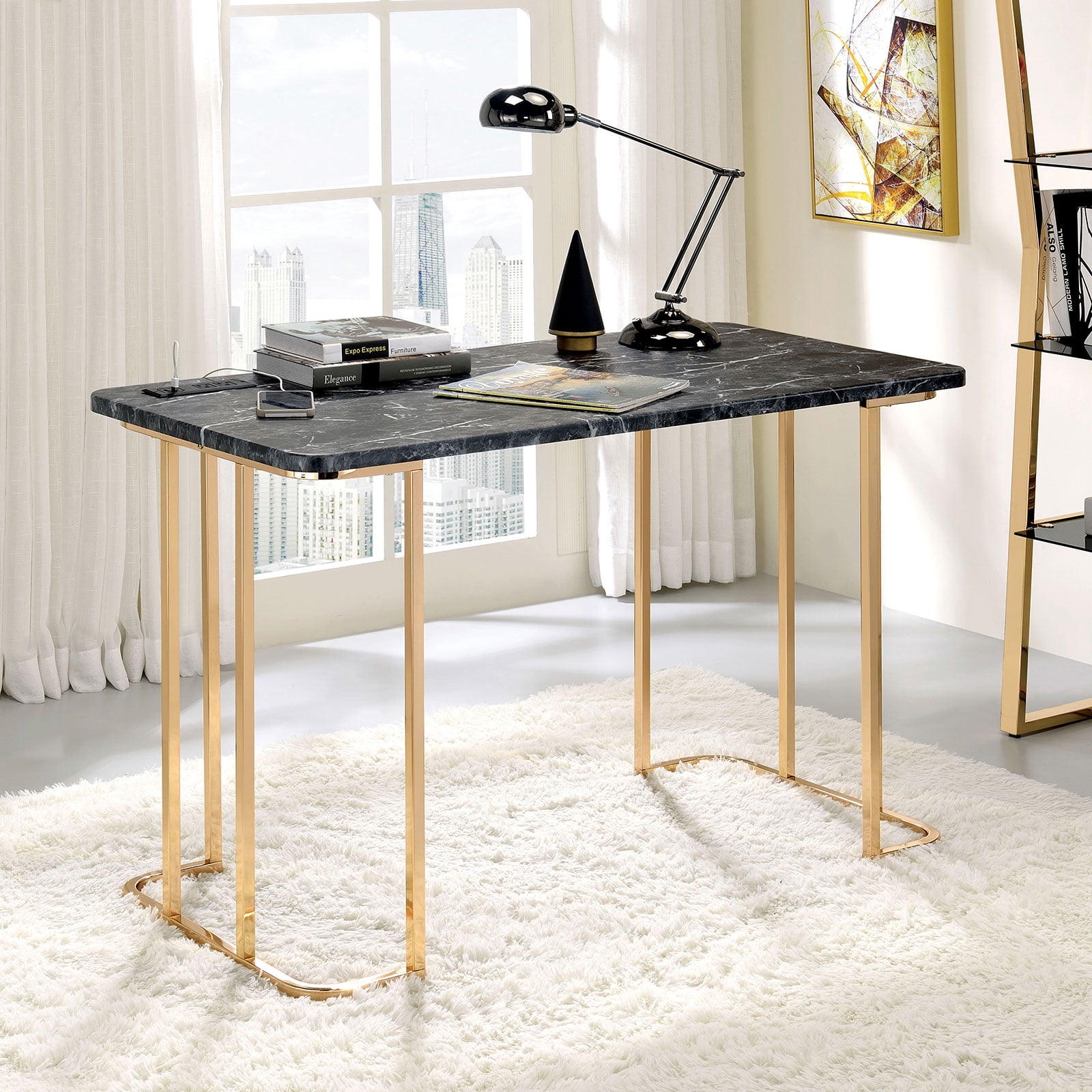 Astoutdoor Contemporary Desk with Faux Marble Top and Metal Frame, USB Port, Gold and Black Finish