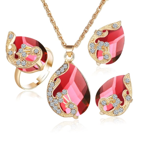 SmartBy Women Jewelry Set Shiny Water-Drop Shape Rhinestone Necklace Earrings Ring Gift