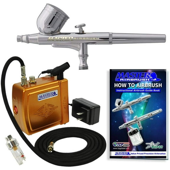 Master Airbrush Multi-Purpose Gold Airbrushing System Kit with Portable Mini Air Compressor - Gravity Feed Dual-Action