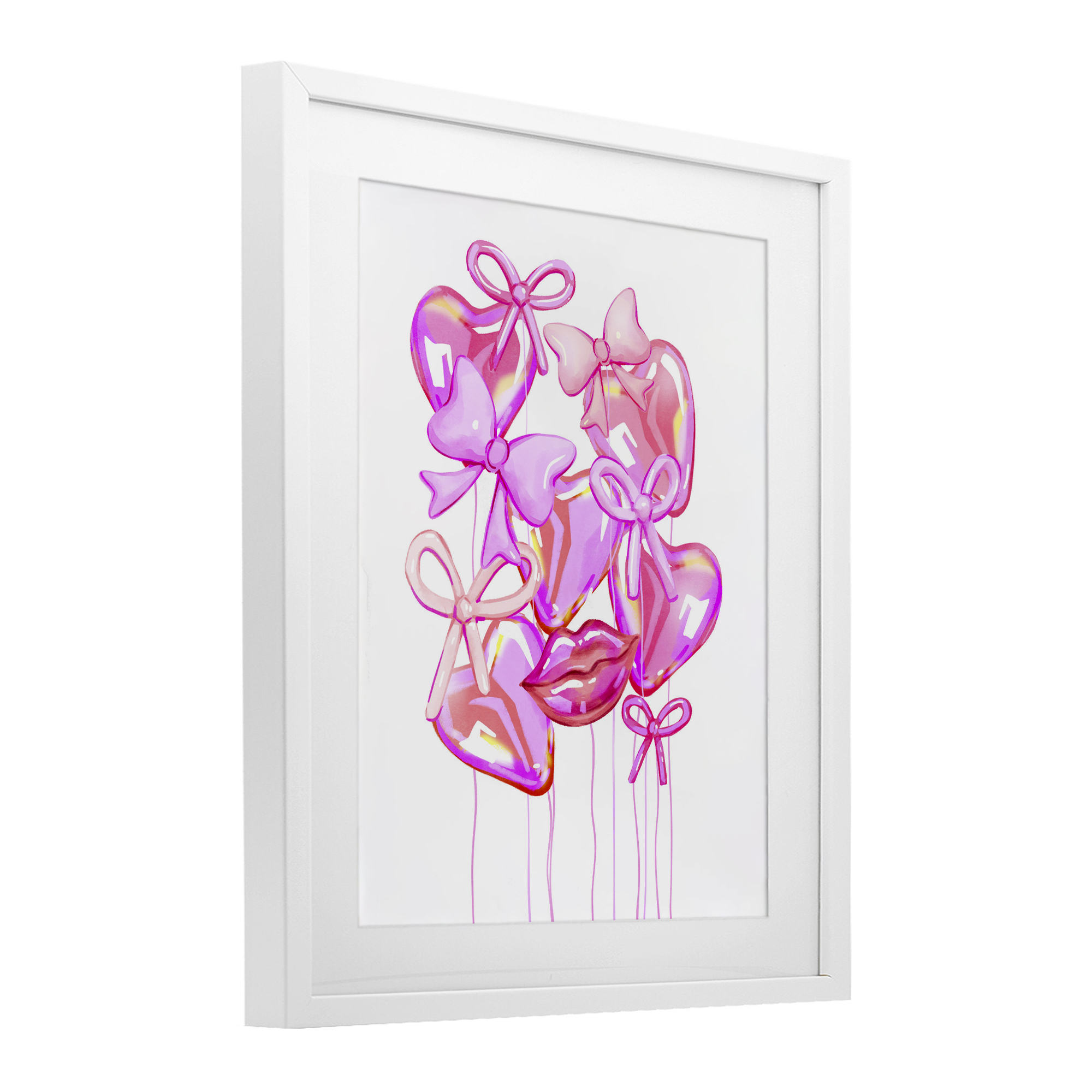 Pink Heart and Bow Balloons White Framed Print Under Glass, design by Ziwei Li