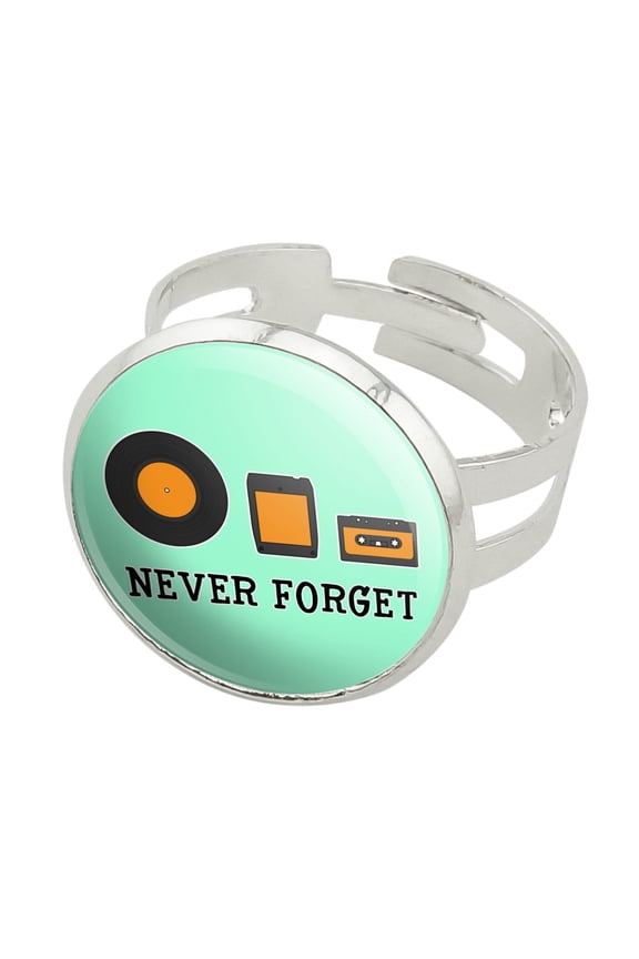 Never Forget Music Record 8 Track Cassette Vinyl Silver Plated Adjustable Novelty Ring