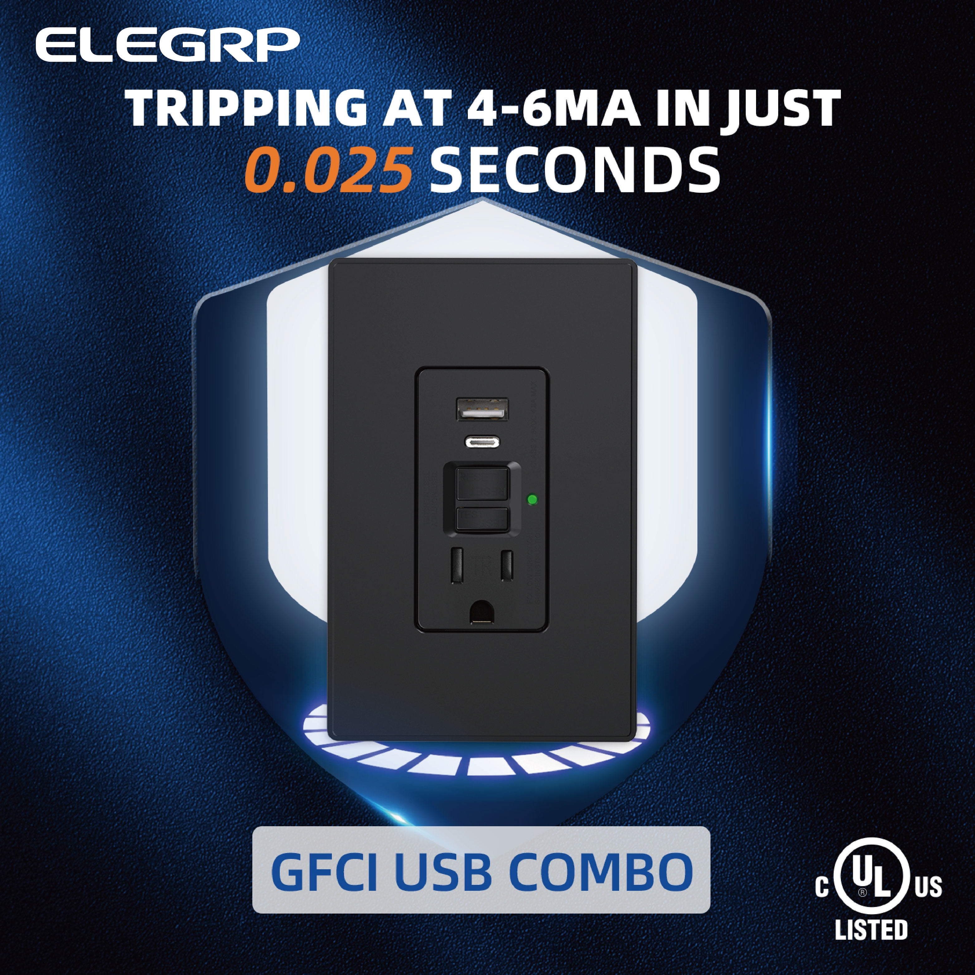 ELEGRP 15 Amp Tamper Resistant Self-Test GFCI Outlet & 24W In-Wall USB Charger combo Receptacle, Type A & Type C, Midsize Screwless Wall Plate included, UL & CUL Listed, Black, 1 pack
