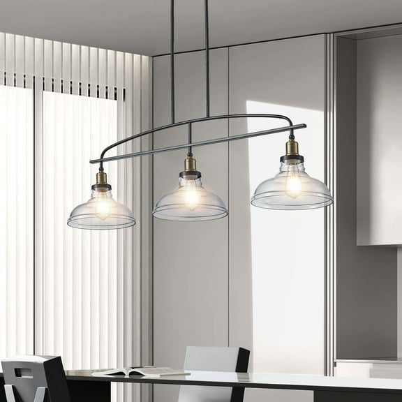 3-Light Linear Island Pendant with Clear Glass Shades, 44.8 Inch, Adjustable, Black and Bronze