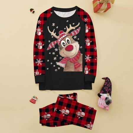 

Parent Mom Outfit Christmas Deer Print Plaid Long Sleeved Trouser Set Print Pjs Plaid Sleepwear