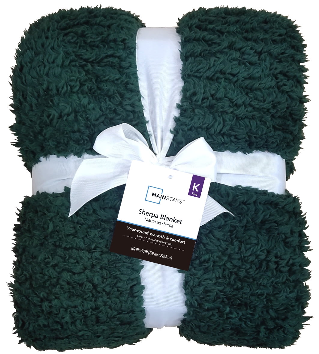 Mainstays Sherpa Bed Blanket, Dark Green, King 102 in x 90 in, Adult