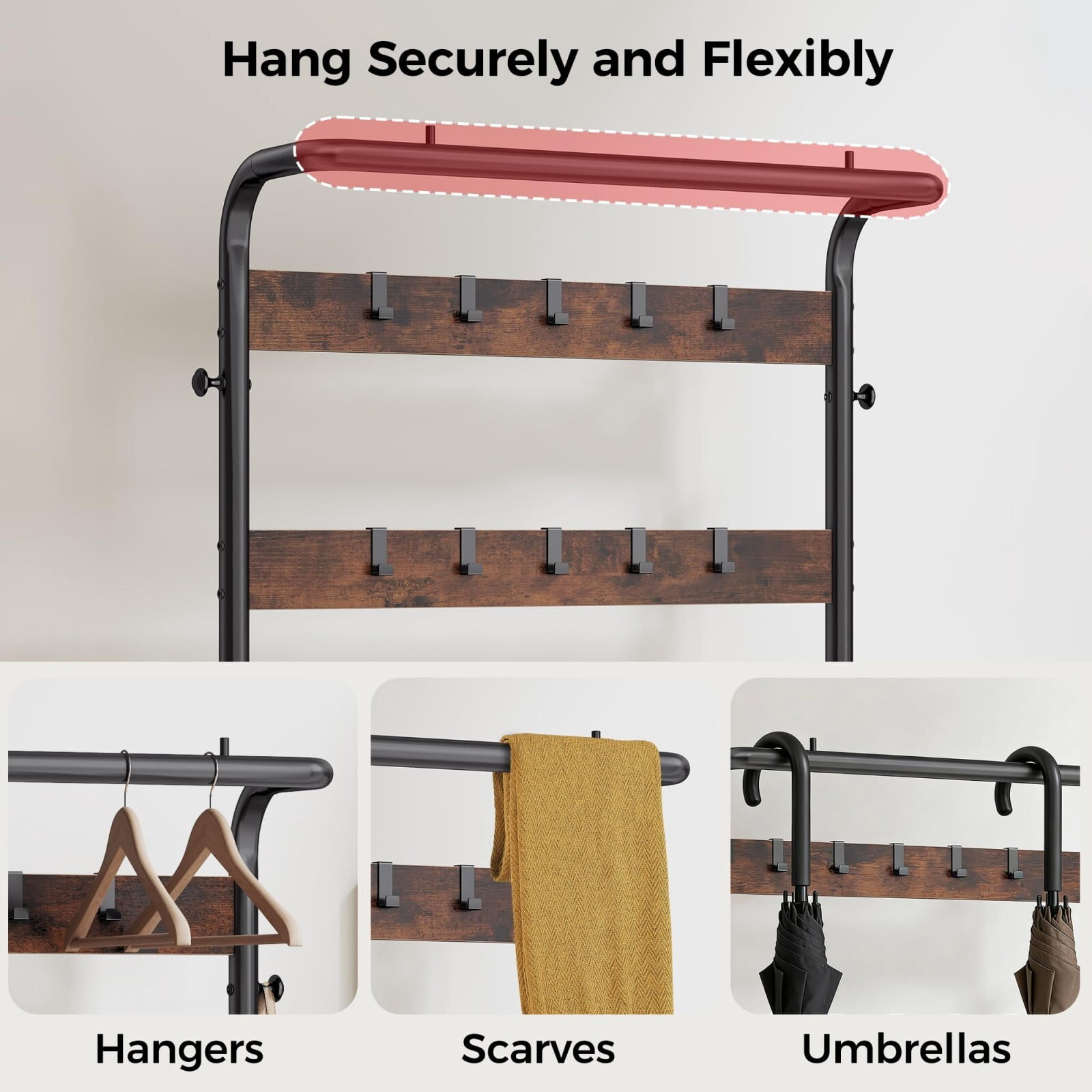 Kelno 72"x28" Hall Tree with Shoe Bench Industrial Entryway Coat Rack with Hanging Rod 10 Removable Hooks 2-Tier Shoe Storage, Drak Brown