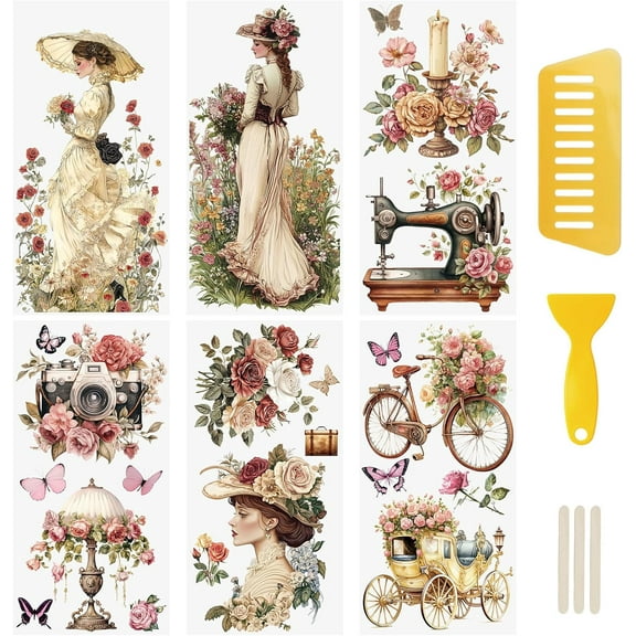 6 Sheets Rub On Transfer Sticker, Victorian Style Girls Flowers Sticker Decal for DIY Scrapbooking Photo Albums Furniture, 15 * 30cm