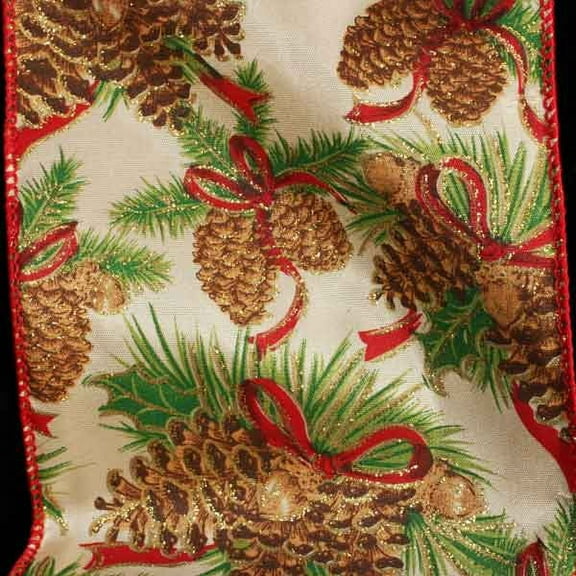 The Ribbon People Ivory and Red Pinecone Wired Edge Craft Ribbon 5" x 20 Yards