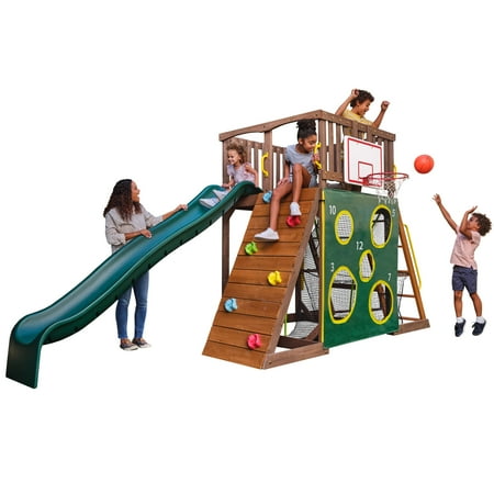(INCOMPLETE, BOX 1 OF 3) All-in-One Sports Adventure Wooden Outdoor Playset with Rock Wall  5 Balls and Basketball Goal