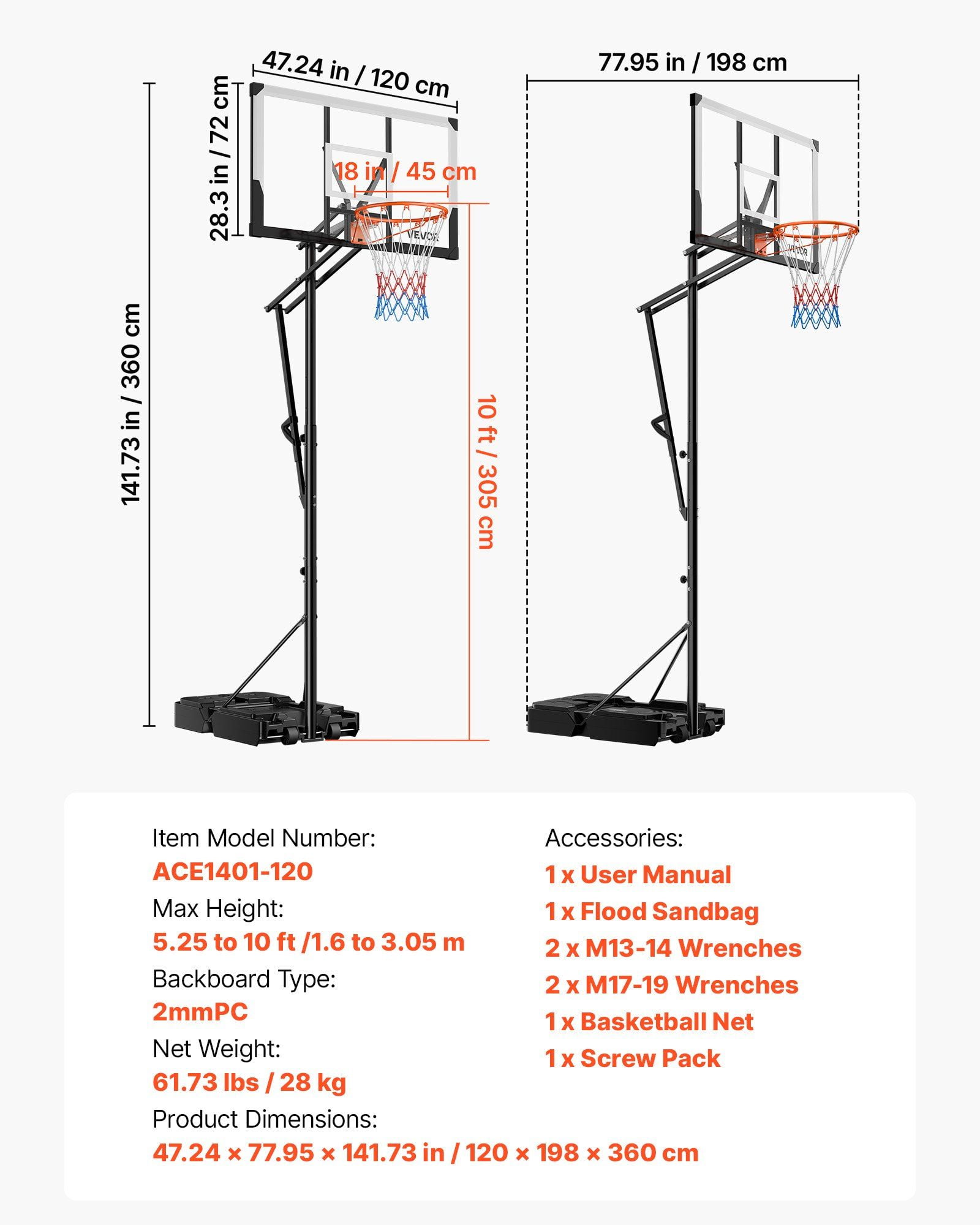 5.25-10 Ft Adjustable Portable Basketball Hoop with 48" Backboard & Wheels for All Ages