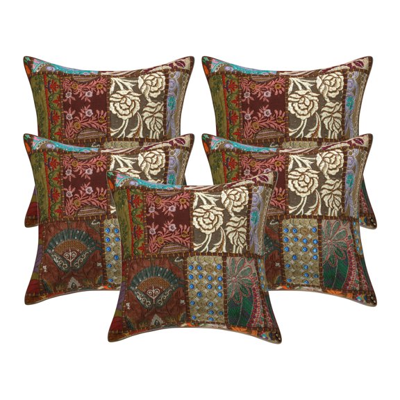 Stylo Culture Ethnic Cotton Living Room Throw Pillow Covers Dark Brown 18 x 18 Bohemian Vintage Patchwork Ethnic Sofa Cushion Covers 45x45 cm Decorative Abstract Square Pillow Cases | Set Of 5