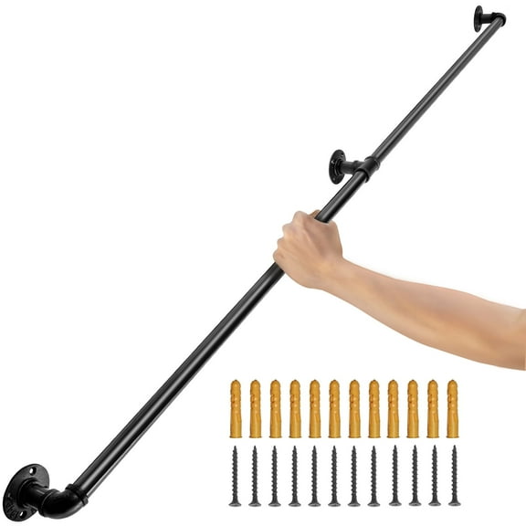 VEVOR Pipe Stair Handrail, 5FT Staircase Handrail, 440LBS Load Capacity Carbon Steel Pipe Handrail, Industrial Pipe Handrail with Wall Mount Support, Round Corner Wall Handrailings