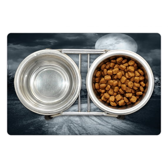 Horror House Pet Mat for Food and Water, Moonrise Magic Landscape with Empty Rural Path to Pines Dramatic Vampire Way Print, Non-Slip Rubber Mat for Dogs and Cats, 18" X 12", by Ambesonne