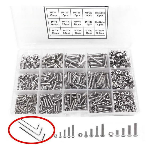 Kit 500PCS Pan Head Hex Socket Screws Stainless Steel Screw Nut Assortment Kit for Automobile Making