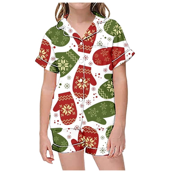 CAIVO Pajama Sets Children Christmas Print Lapel Short Sleeve Button Down Shirt With Shorts 2 Piece Loungewear