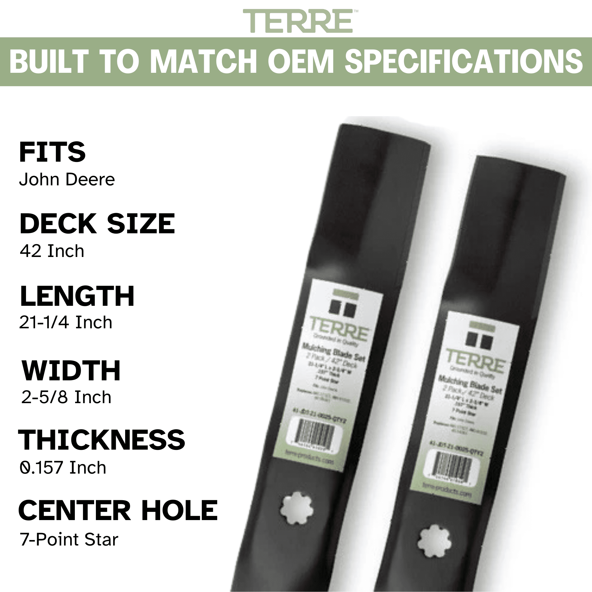 Terre Products, 2 Pack Mulching Lawn Mower Blades, 42 Inch Deck, Compatible with John Deere, Replacement for AM137327, AM141032, M154061
