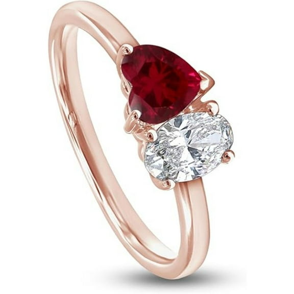 925 Sterling Silver 14K Rose Gold Plating Heart Shape Ruby & Oval Cut White Diamond Toi Et Moi 2-Stone Wedding Engagement Ring For Women