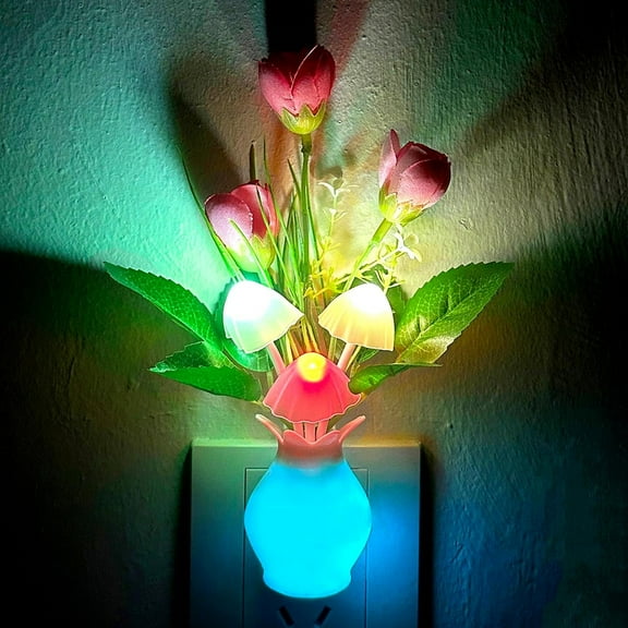 1 Pack Led Sensor Night Light Plug-in Wall Lamps with 7 Color Change Tulip Flowers Night Light for Kids Adults Bathroom Bedroom Corridor Nursery Gift Cute NightLight
