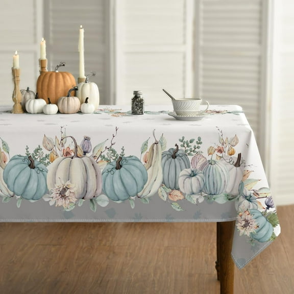 Fall Tablecloth 60x84 Inch Rectangular, Thanksgiving Autumn Harvest Watercolor Flowers and Pumpkins Blue Table Cover for Party Picnic Dinner Decor