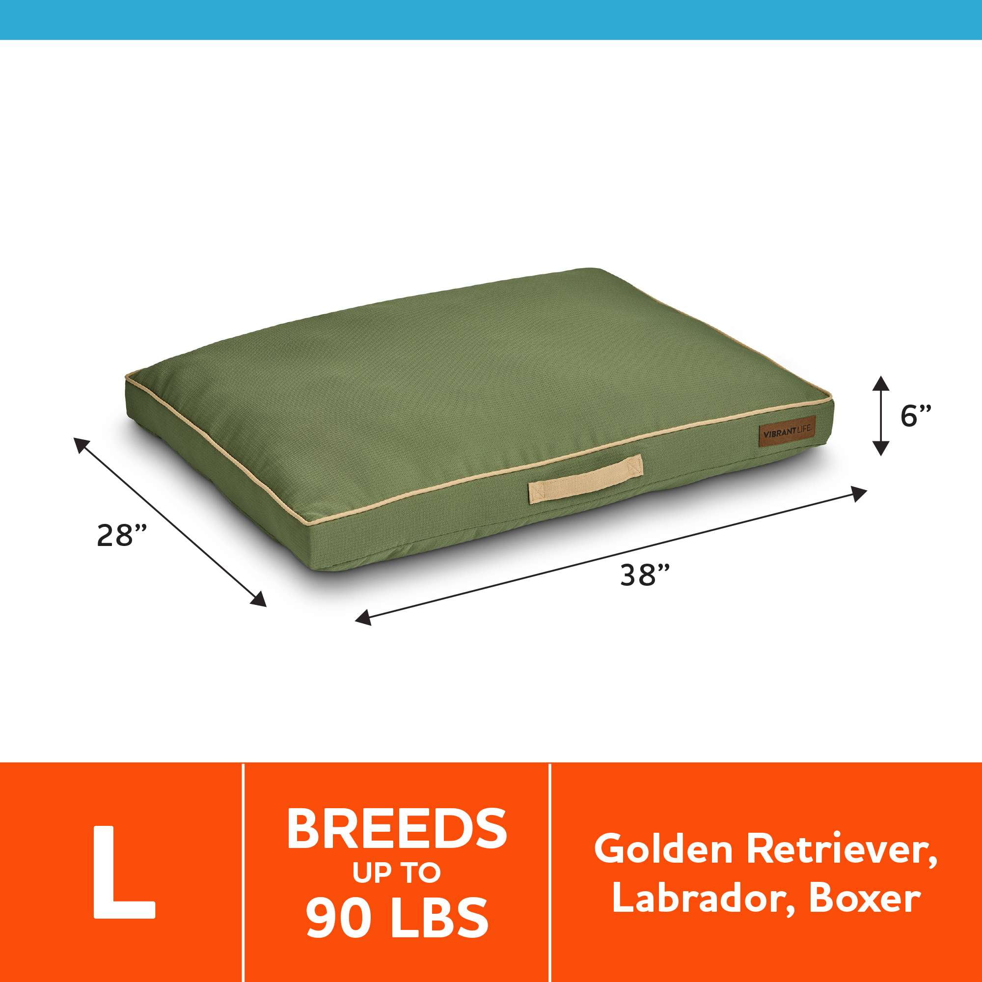Vibrant Life Travel Dog Bed, Large, Durable, Chew Resistant, Loden Green 38" x 28"