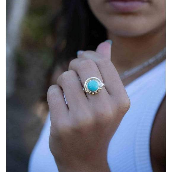 Turquoise Ring, Mix metals Round shape Ring, Sterling Silver 925 and brass Handmade Women Ring, Gemstone Statement Ring, December Birthstone Ring Modern
