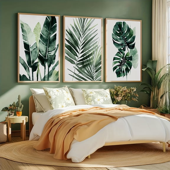 Watercolor Tropical Plant Posters 3pcs/Set, Exotic Leaf Watercolor Paintings, Minimalist Modern Wall Art, Suitable for Living Room and Bedroom Decoration, Unframed