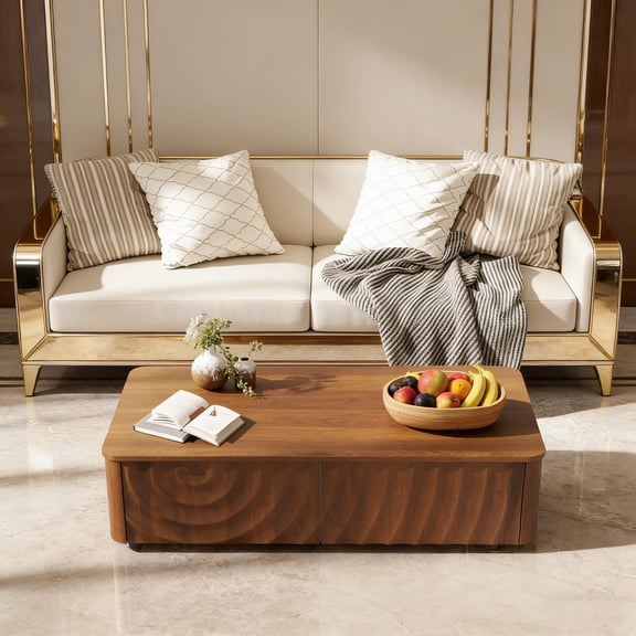 47" Coffee Table with 2 Drawers and Spiral Grain, Mid Century Farmhouse Rectangle Storage Table for Living Room