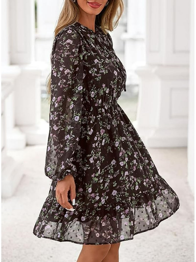 Prettygarden Women's Fall Boho Dresses Floral Long Sleeve V Neck Mini Flowy Wedding Guest Dress Trendy Vacation Outfits, Size: Small, Brown