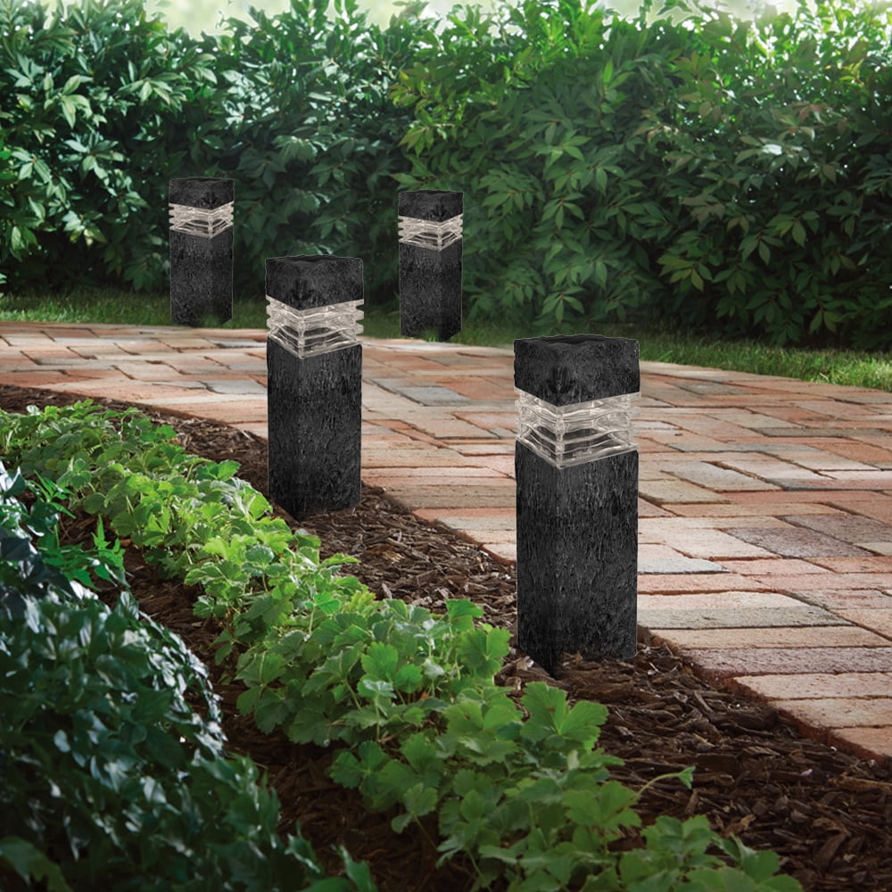 Deck Impressions Solar Charcoal Stone Outdoor Integrated LED Landscape Rock Pillar Path Light, 2-Pack