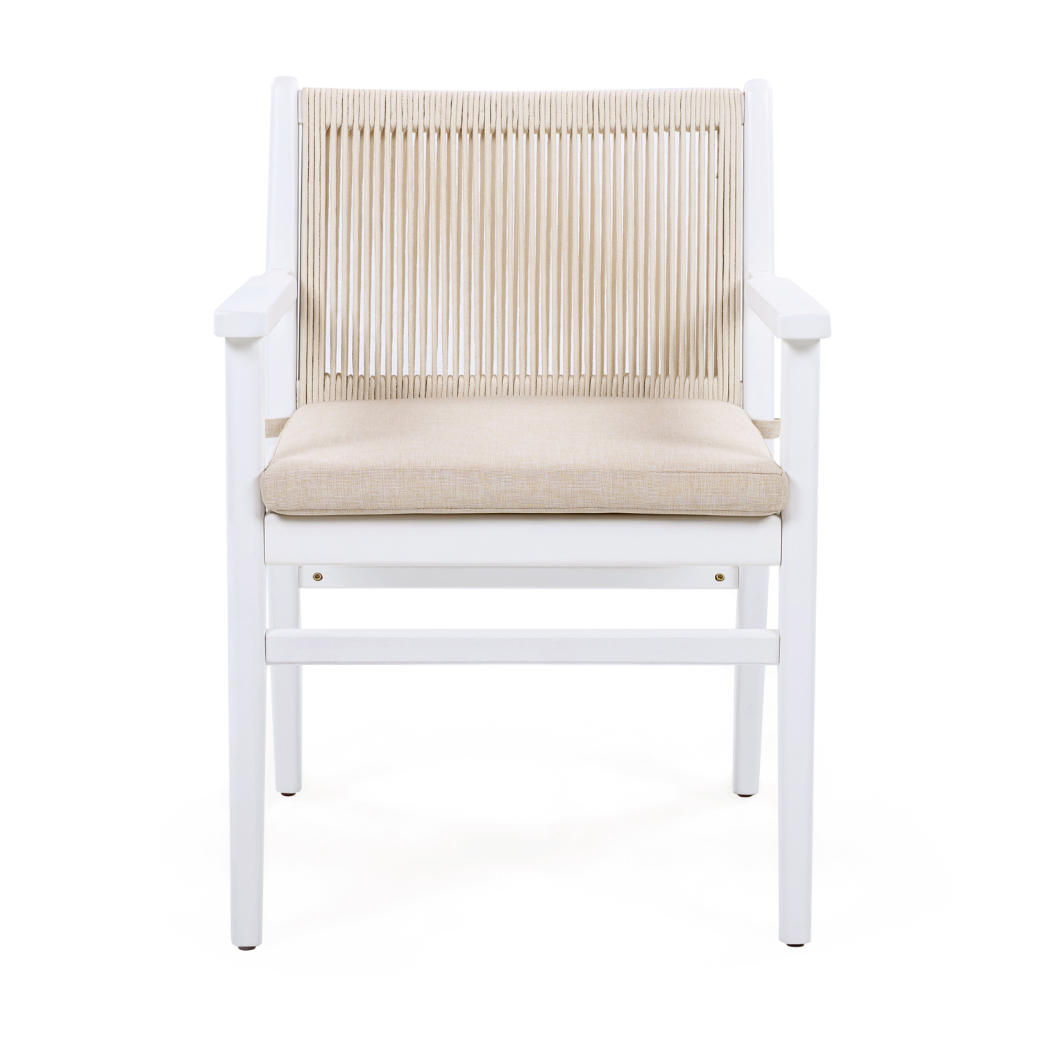 Lisonu Outdoor Dining Chairs, Set of 2, Modern Patio Armchairs with Woven Rope Back, White Acacia Wood Frame & Beige Water-Repellent Cushions