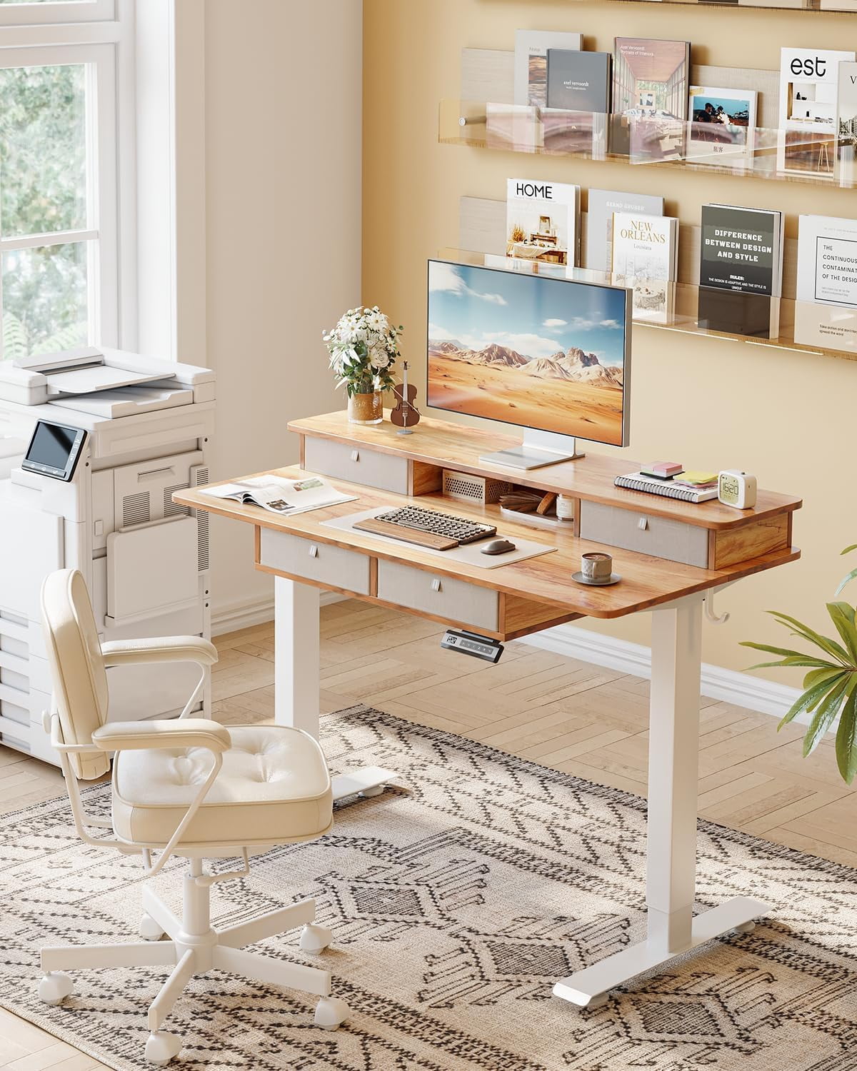 DESINO 48 x 24 Inch Height Adjustable Electric Standing Desk with Drawers, Stand Up Table with Large Storage Shelf, Sit Stand Desk for Home Office, Light Rustic Brown