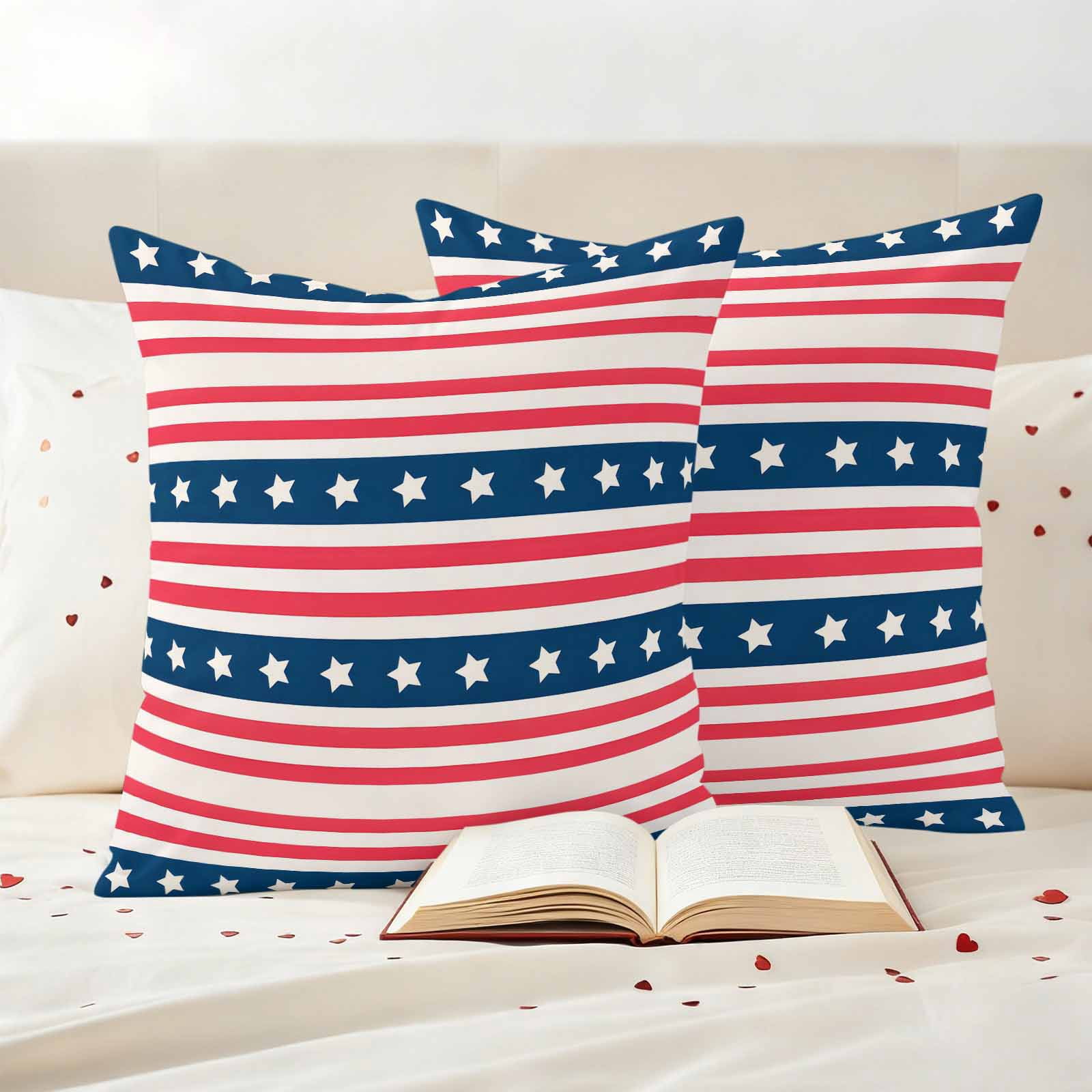4th of July Outdoor Waterproof Pillow Covers, Independence Day Patriotic Red Blue Striped Decorative Square Throw Pillowcase Sofa Cushion Sham for Patio/Couch/Chair, 16"x16" 2 Pack